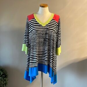 IC by Connie K women’s relaxed fit linear color block stretch tunic top L 3/4 sl